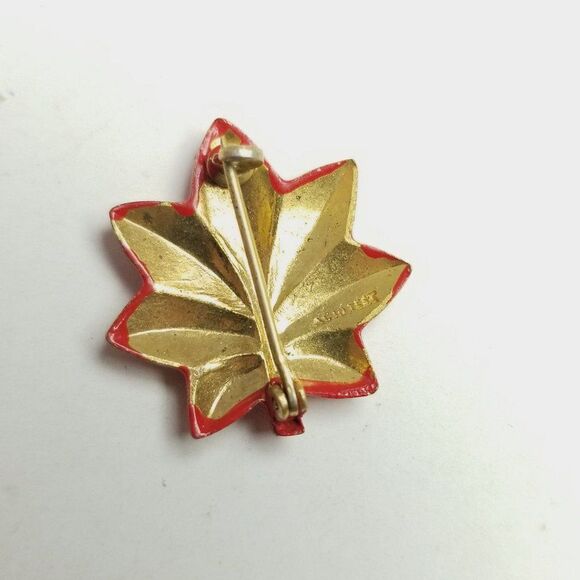 Vintage Red Enamel Leaf Shape Brooch, Stamped All In Jest on Back, Lapel Pin - Picture 3 of 7